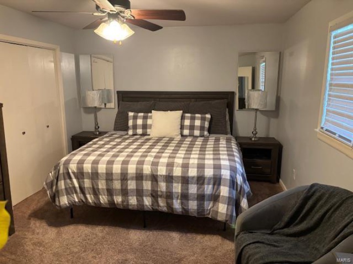Carpeted bedroom featuring a ceiling fan and multiple windows