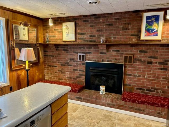 Gas fireplace in kitchen