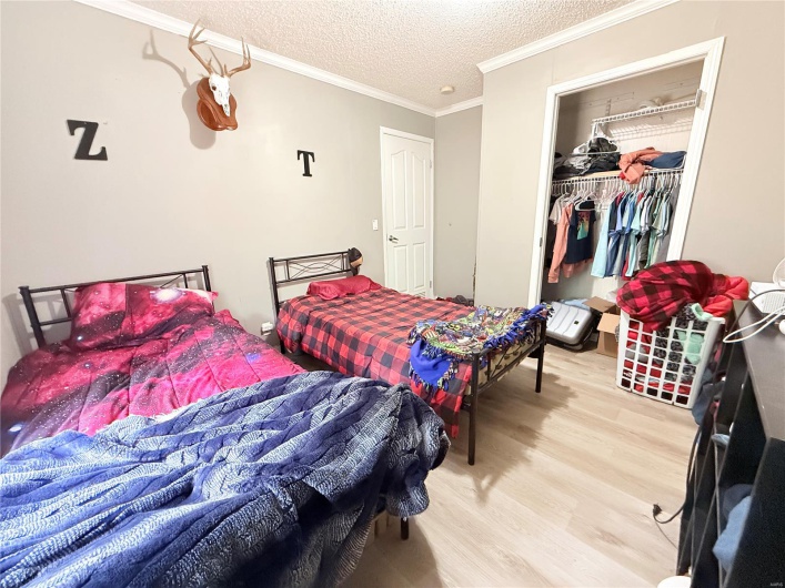 Bedroom with a textured ceiling, light wood-style flooring, a closet, ornamental molding, and a walk in closet