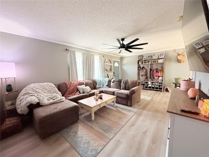 Living area featuring crown molding, a textured ceiling, a ceiling fan, and light wood-style flooring