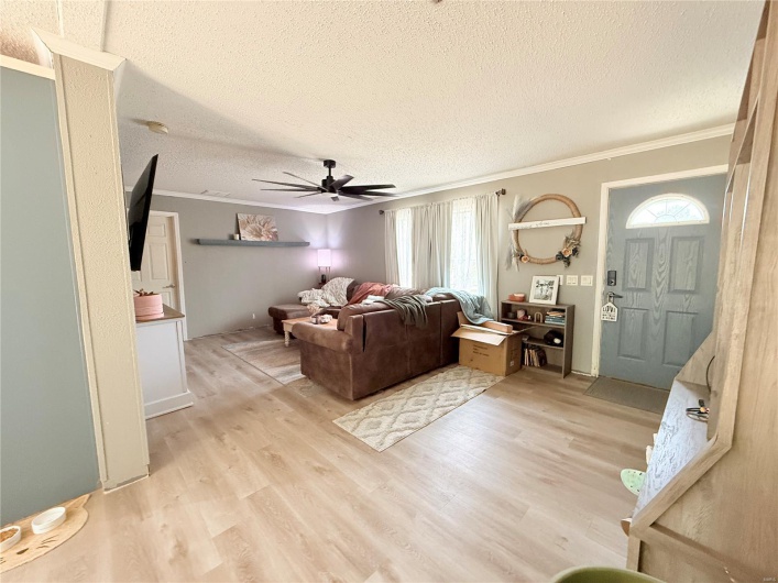 Living area featuring a healthy amount of sunlight, light wood-type flooring, and ornamental molding