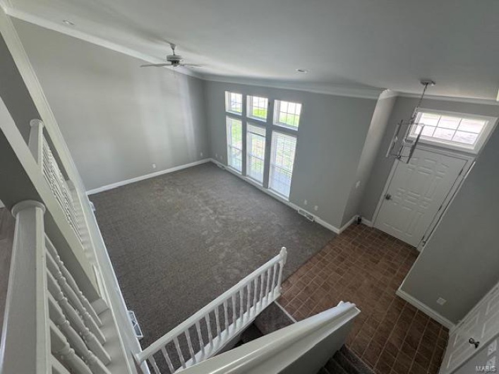 Foyer entrance featuring crown molding, a ceiling fan, baseboards, and carpet floors
