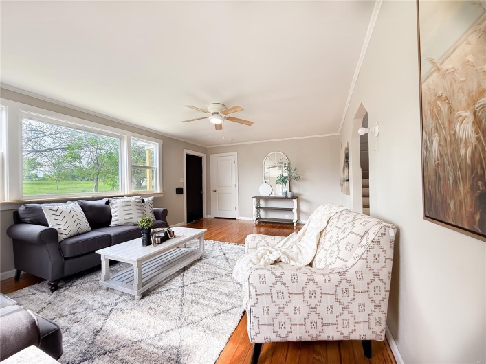 Living room featuring baseboards, ornamental molding, ceiling fan, and wood finished floors