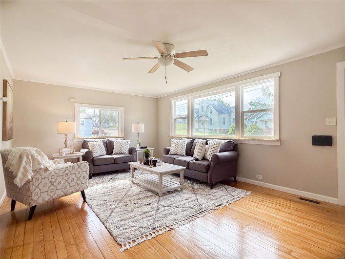 Living area featuring a ceiling fan, visible vents, light wood-type flooring, baseboards, and ornamental molding