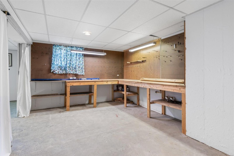 Partially finished Basement featuring wood walls, a workshop area, and a paneled ceiling