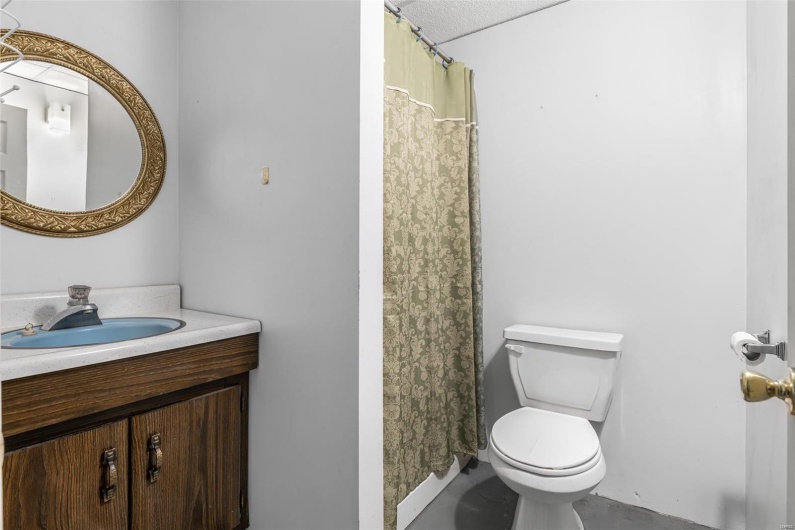 Bathroom in basement featuring vanity, curtained shower, and toilet