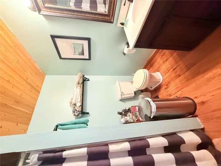 Full bathroom featuring a shower with curtain, wooden ceiling, toilet, wood finished floors, and vanity
