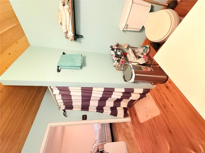 Full bathroom with wood finished floors, toilet, ensuite bath, and a shower with curtain