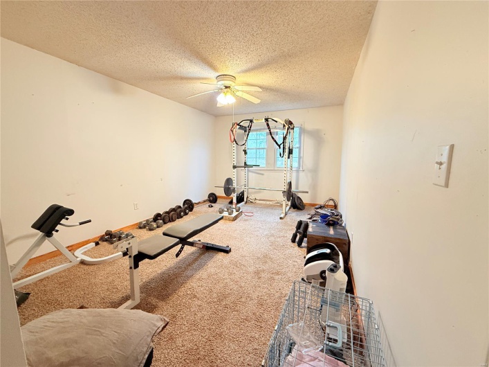 Workout area featuring baseboards, a ceiling fan, a textured ceiling, and carpet flooring