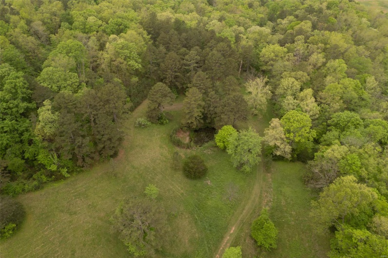Aerial view featuring a wooded view