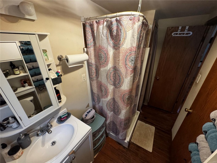 Full bath featuring vanity, a shower with shower curtain, and wood finished floors