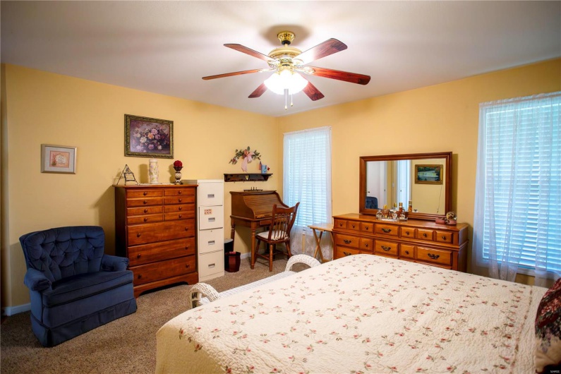 Carpeted bedroom featuring multiple windows and a ceiling fan