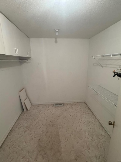 Laundry room with cabinets, light colored carpet, and a textured ceiling