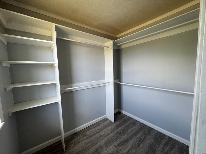 Spacious closet featuring dark wood-style floors