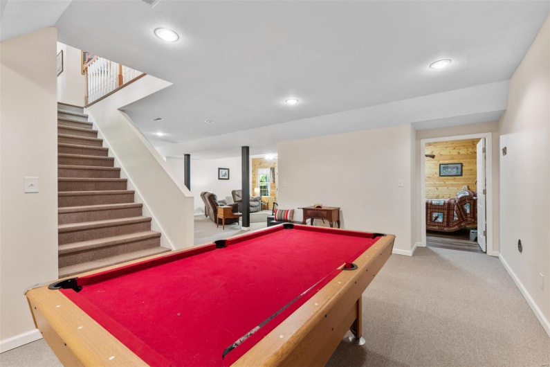 Recreation room featuring billiards, carpet, baseboards, and recessed lighting