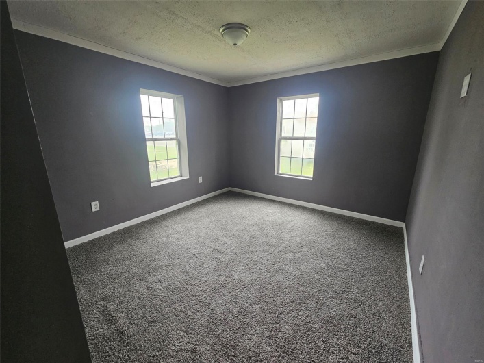 Empty room with ornamental molding, a textured ceiling, carpet floors, and baseboards