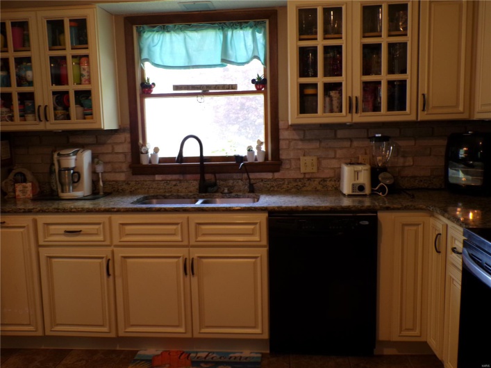 Kitchen sink area featuring dishwasher, double sink, glass insert cabinets