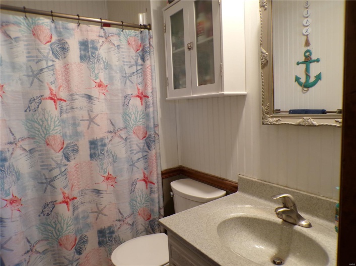 Primary Bathroom with toilet, vanity, and a shower with shower curtain
