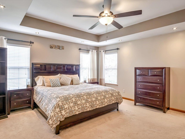 Bedroom featuring baseboards, light carpet, a raised ceiling, a ceiling fan, and recessed lighting