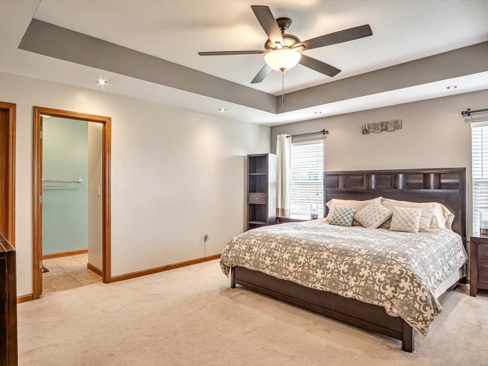 Bedroom featuring light colored carpet, baseboards, a raised ceiling, and a ceiling fan
