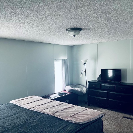 Carpeted bedroom with a textured ceiling