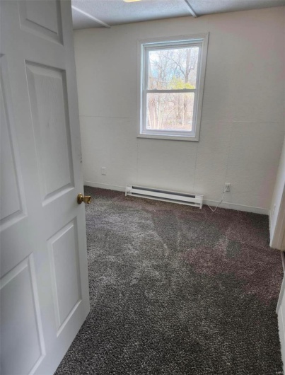 Carpeted empty room with baseboard heating and baseboards